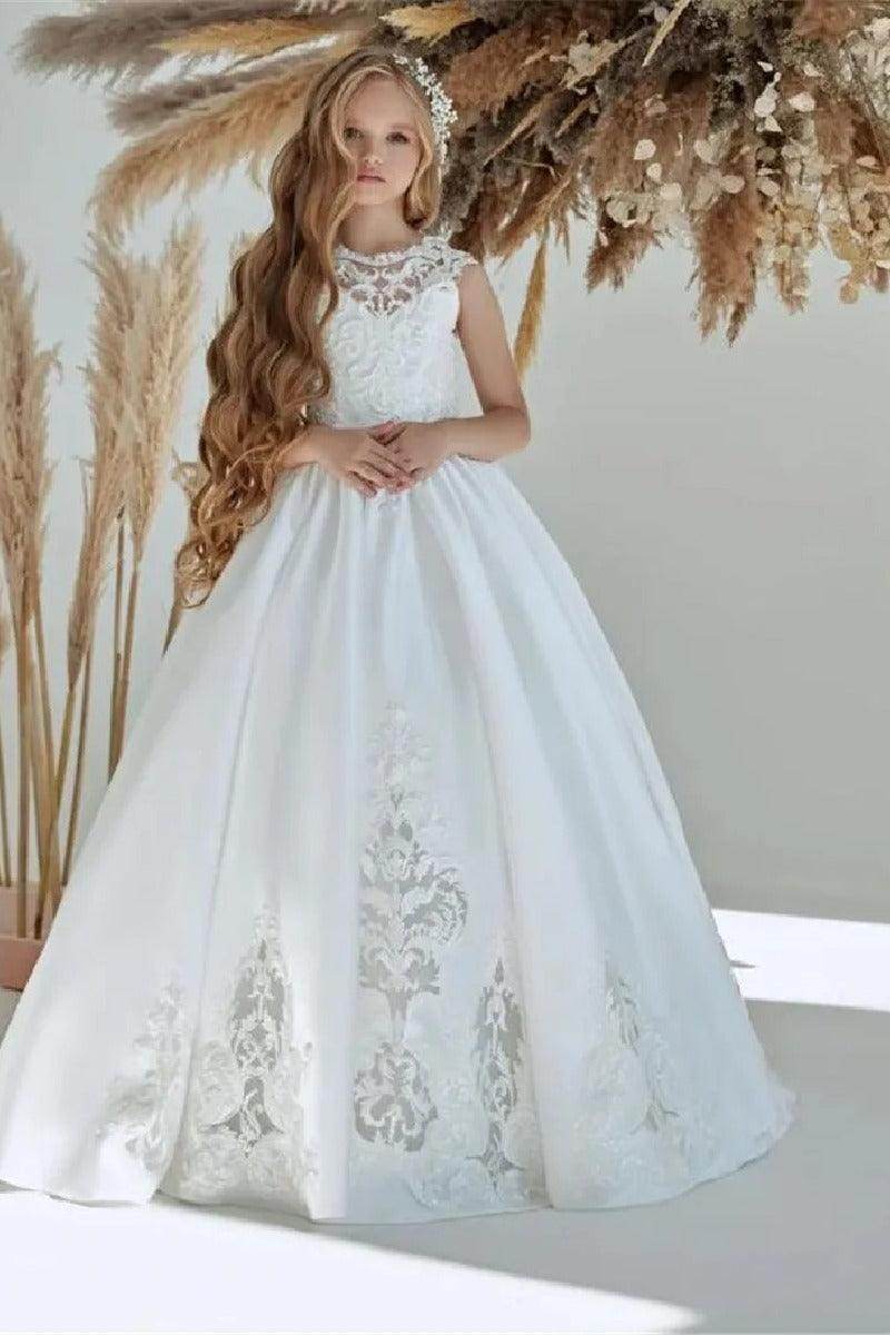 A-Line Illusion Neck Sleeveless Maxi Satin Flower Girl Dresses 782091074064 - COCOMELODY